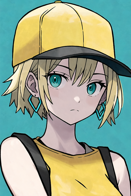 3978523694-433743032-sugimori style, masterpiece, best quality, 1girl, aqua eyes, baseball cap, blonde hair, closed mouth, earrings, green background.png